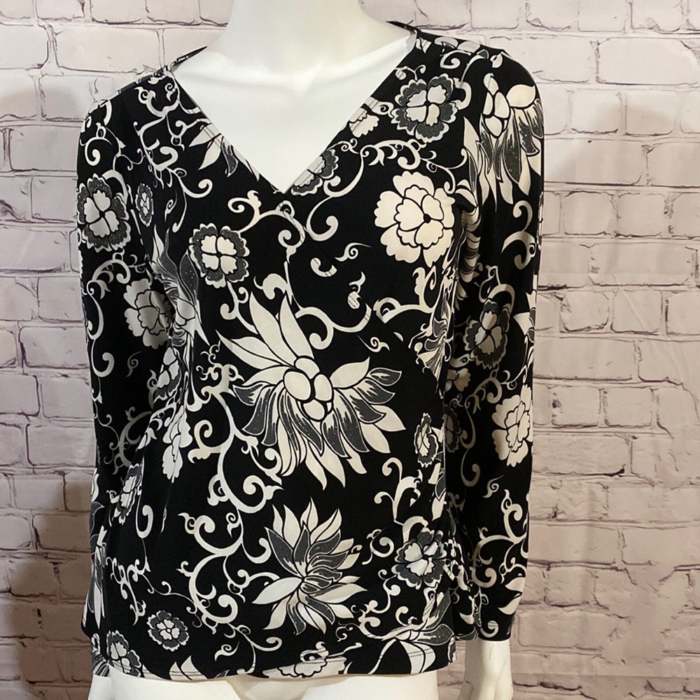 Black & white floral wrap top with some silver shimmer